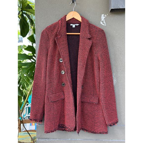 Chico’s Tweed Coatigan Medium Paprika Red Cotton Fringe Cardigan Sweater Blazer - Picture 5 of 11